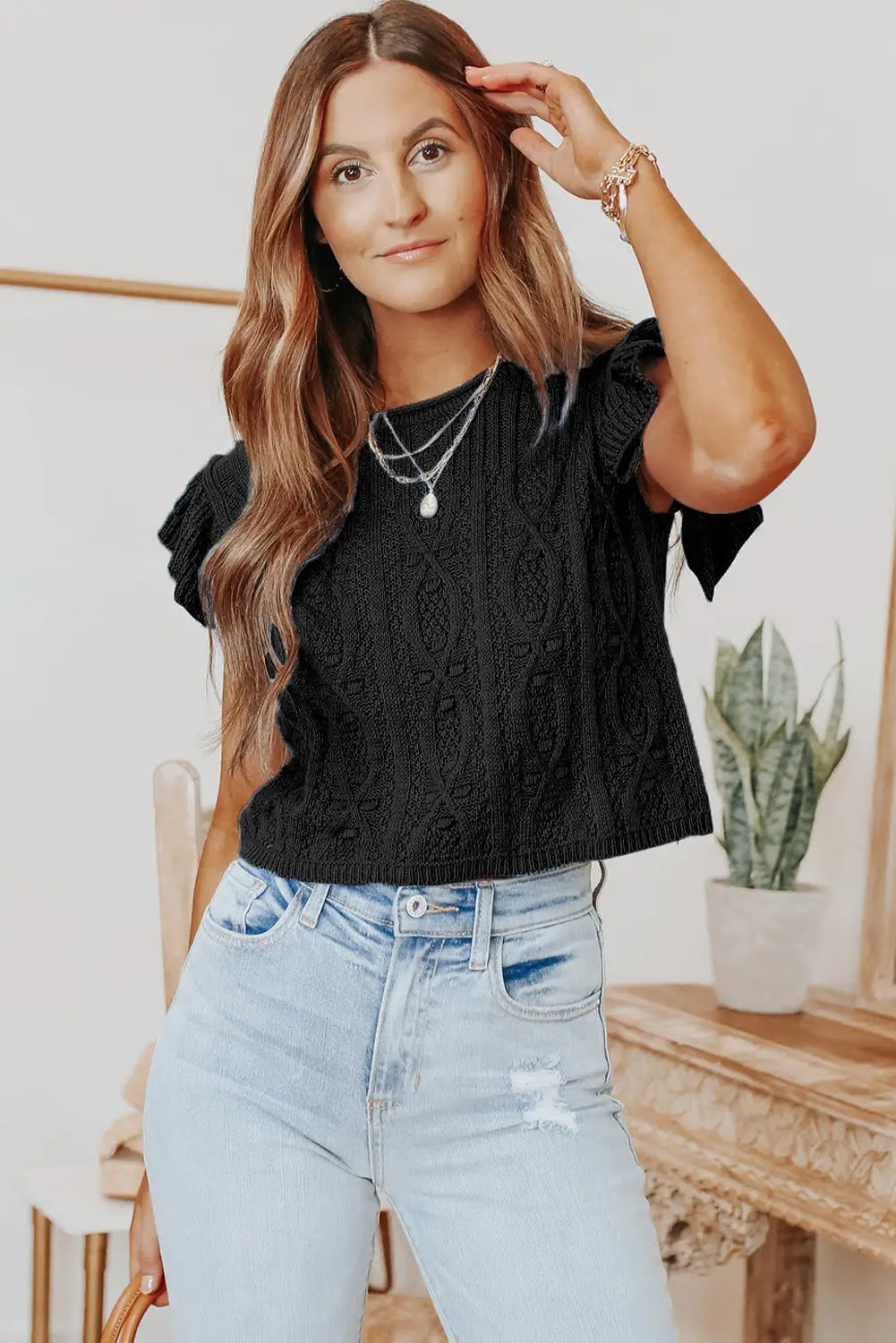 Black ruffle sleeve cable knit top - tops