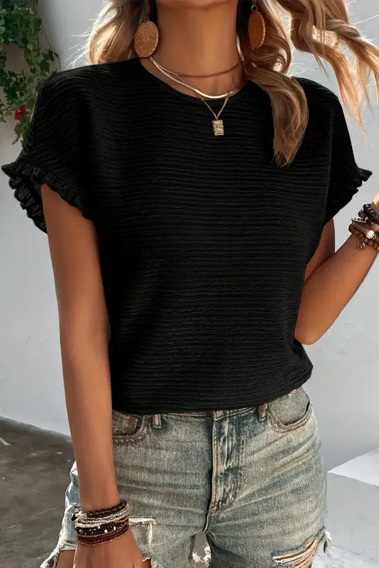 Black ruffled short sleeve blouse - blouses & shirts