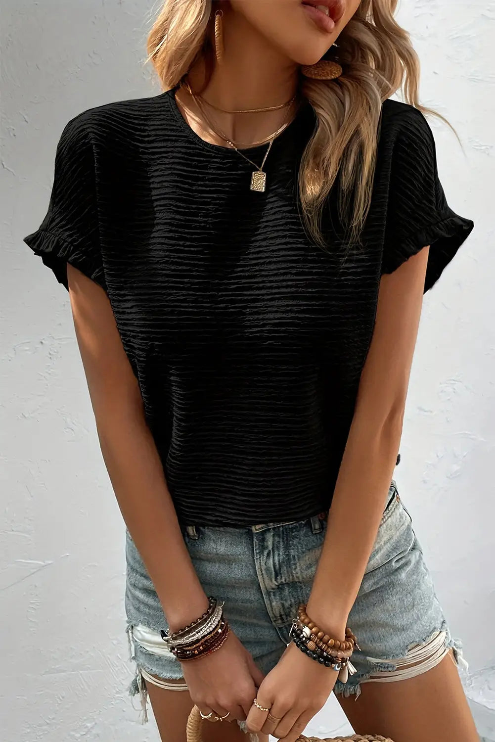 Black ruffled short sleeve blouse - s / 95% polyester + 5% elastane - tops/blouses & shirts