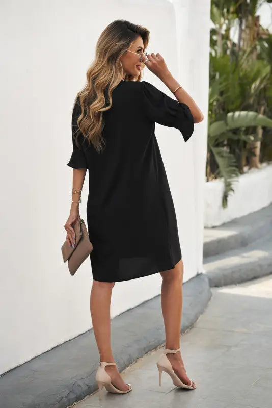 Black ruffled sleeve shift dress - mini dresses