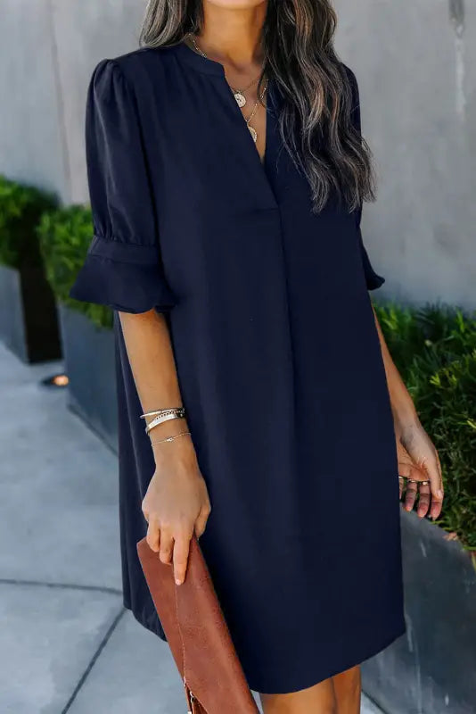 Black ruffled sleeve shift dress - mini dresses