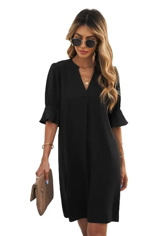 Black ruffled sleeve shift dress - mini dresses