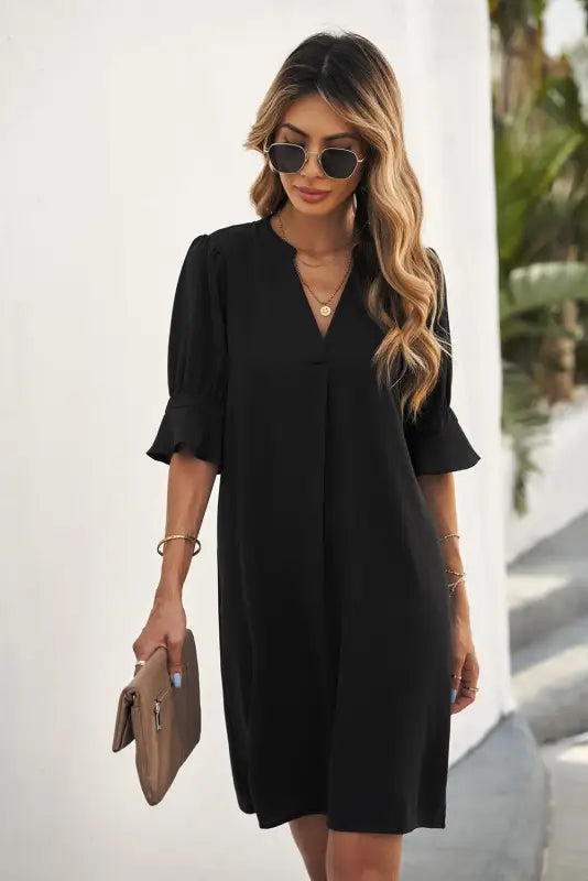 Black ruffled sleeve shift dress - mini dresses