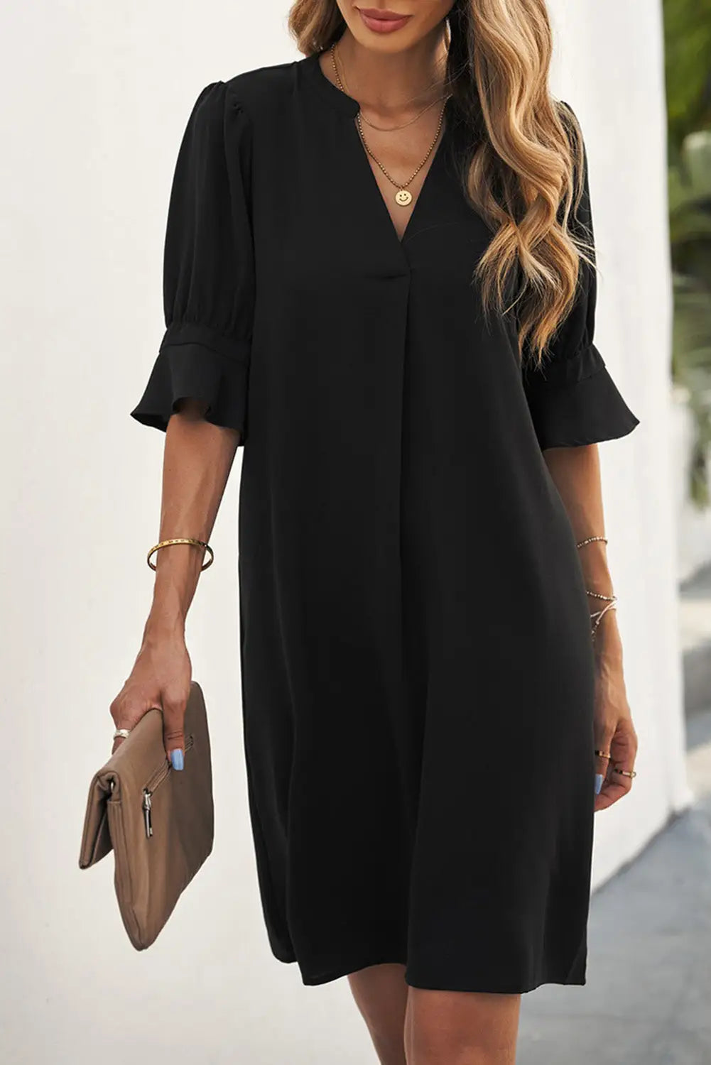Black ruffled sleeve shift dress - s / 95% polyester + 5% spandex - mini dresses