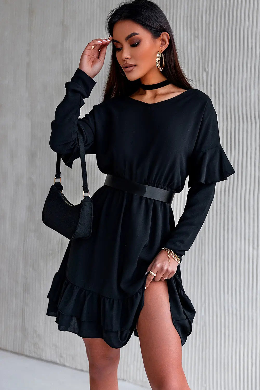 Black ruffled v neck cut-out back elastic waist dress - xl / 100% polyester - mini dresses