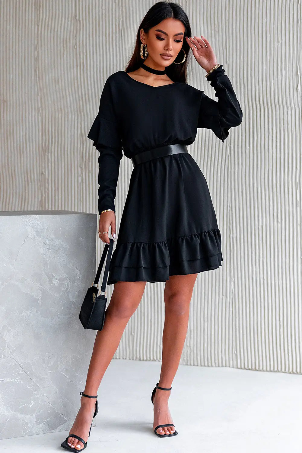 Black ruffled v neck cut-out back elastic waist dress - xl / 100% polyester - mini dresses
