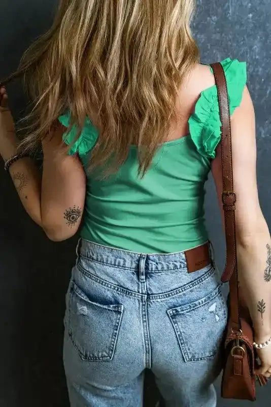 Soft mint crop top with flirty ruffle accents and square neckline - Fashionfitz