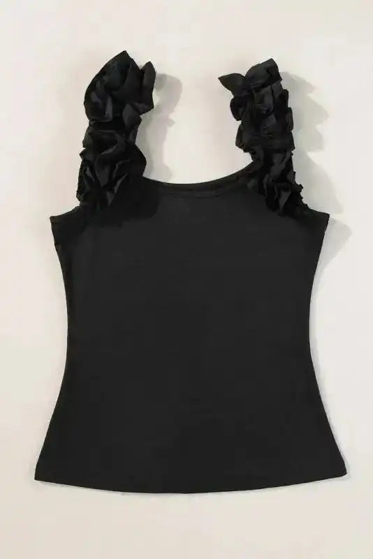Black wide-strap tank top showing off collarbones and back curve - Fashionfitz