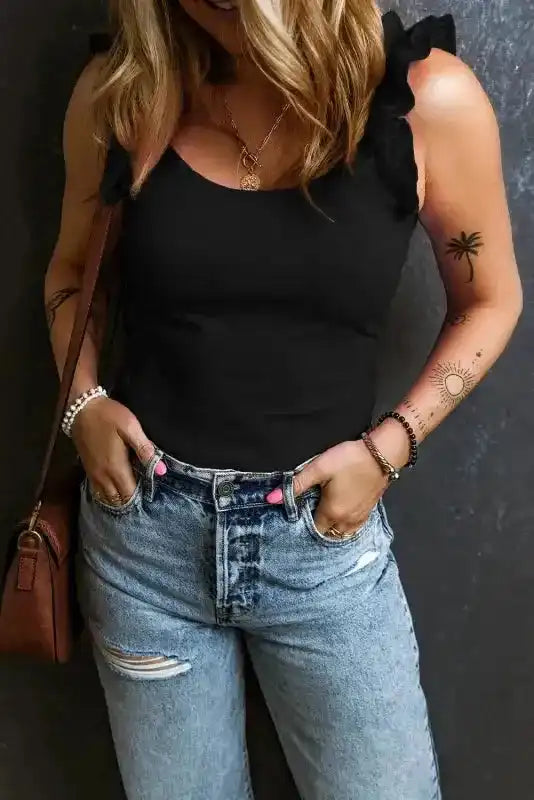 Black ruffled slim tank top with wide straps and square neckline for women Fashionfitz