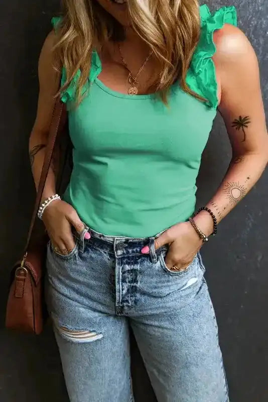 Mint green ruffled slim tank top with wide straps and breathable fabric - Fashionfitz