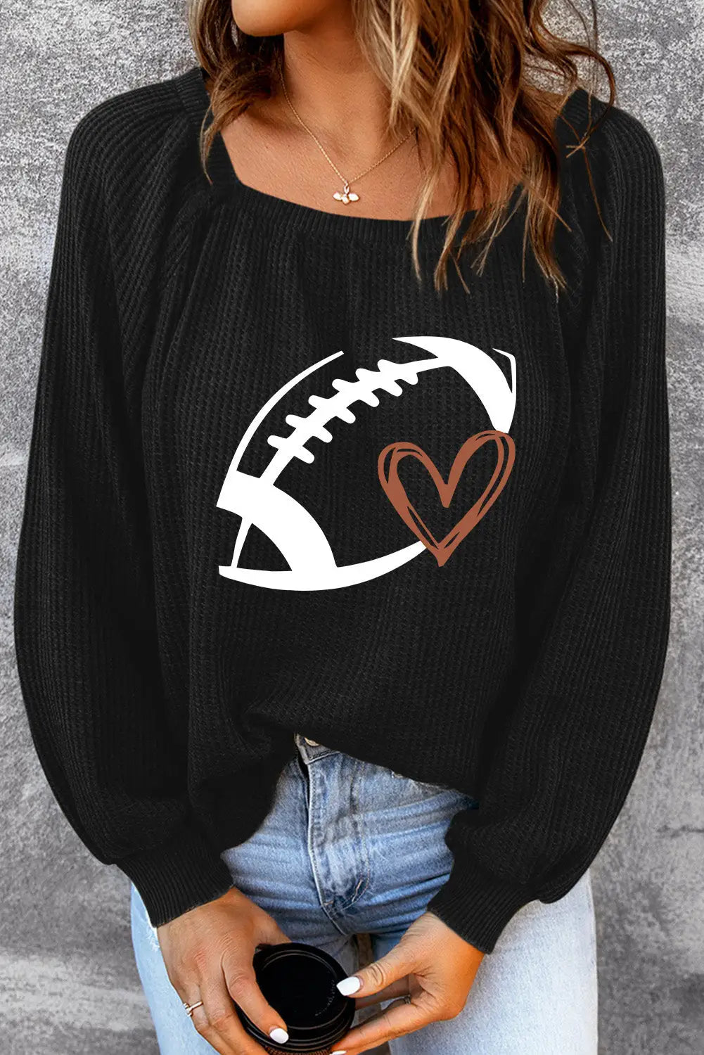 Black rugby print square neck puff sleeve waffle top - graphic tops