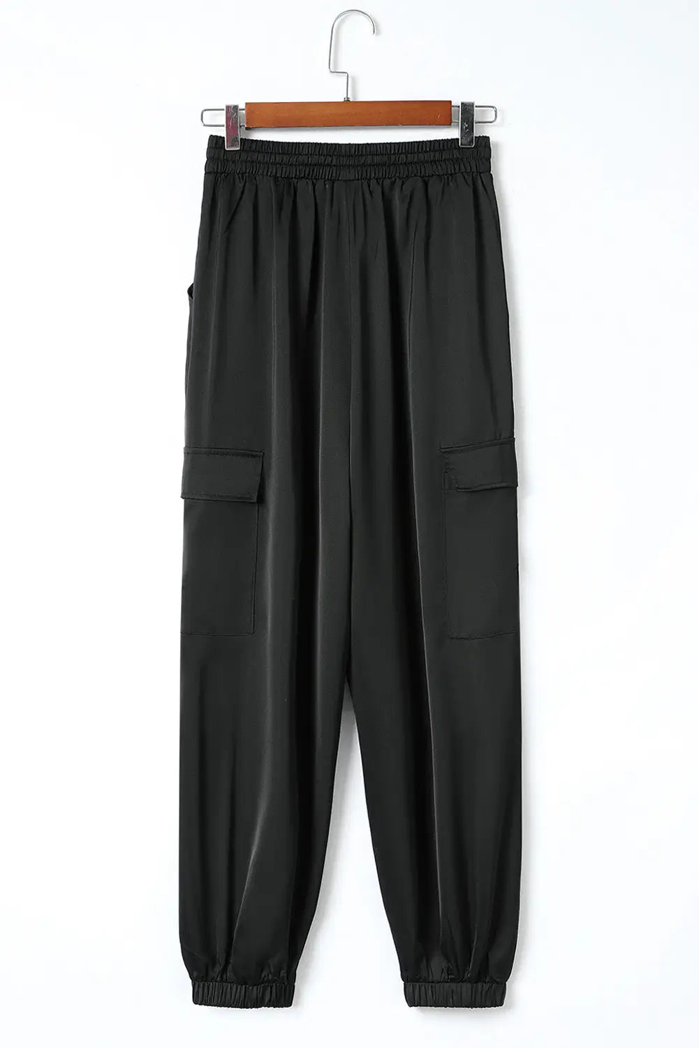 Black satin pocketed drawstring elastic waist pants - cargo