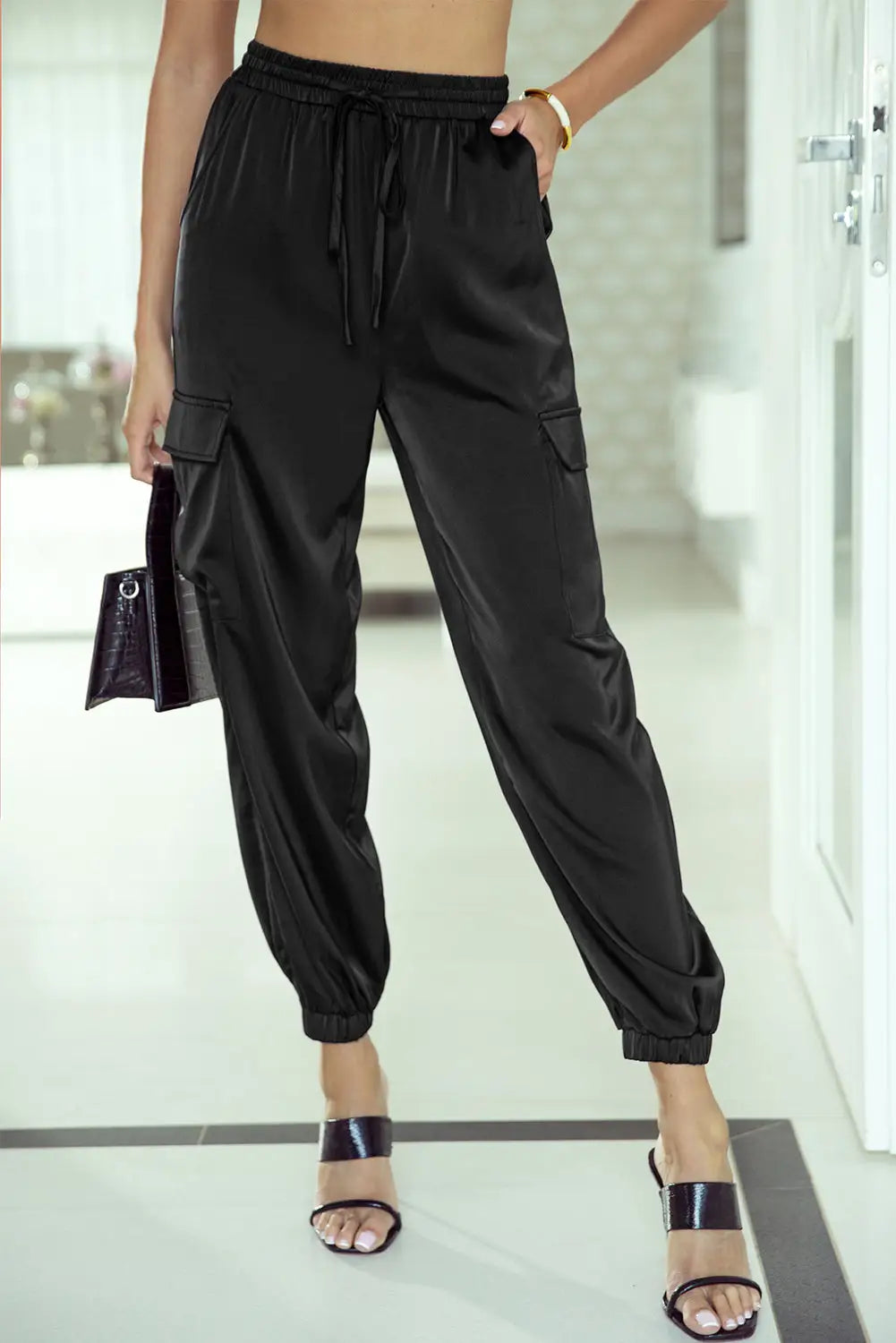 Black satin pocketed drawstring elastic waist pants - s / 90% polyester + 10% elastane - cargo
