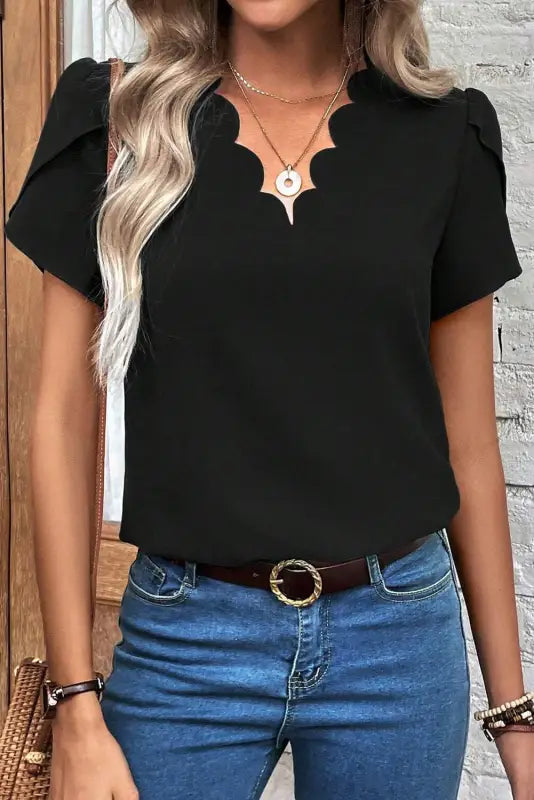 Black scalloped v neckline petal sleeve top - s / 100% polyester - tops & tees