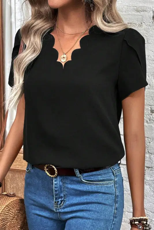 Black scalloped v neckline petal sleeve top - tops & tees