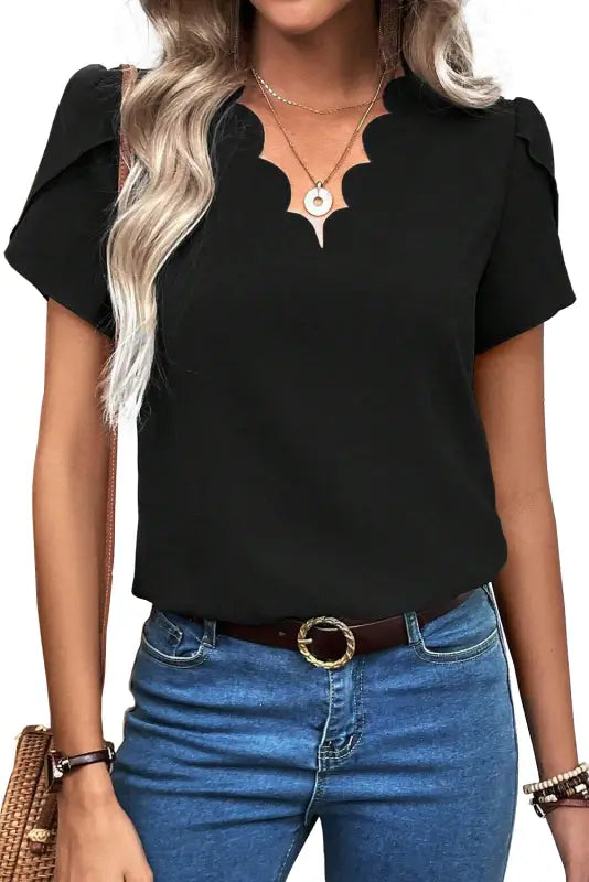 Black scalloped v neckline petal sleeve top - tops & tees