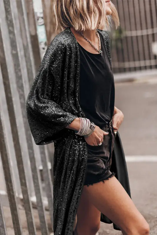 Black sequin 3/4 sleeve open front duster kimono - kimonos