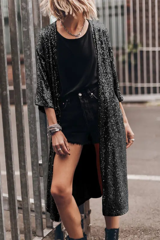 Black sequin 3/4 sleeve open front duster kimono - kimonos