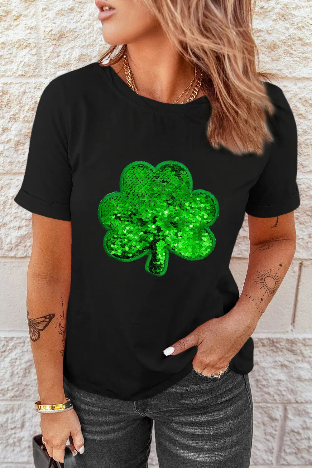 Black sequin clover embroidered round neck graphic tee - t - shirts
