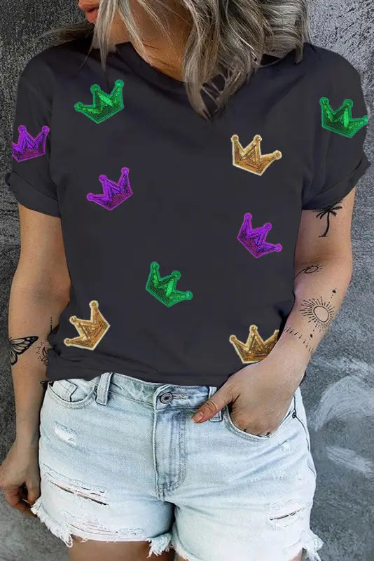 Black sequin crown graphic mardi gras plus size t shirt