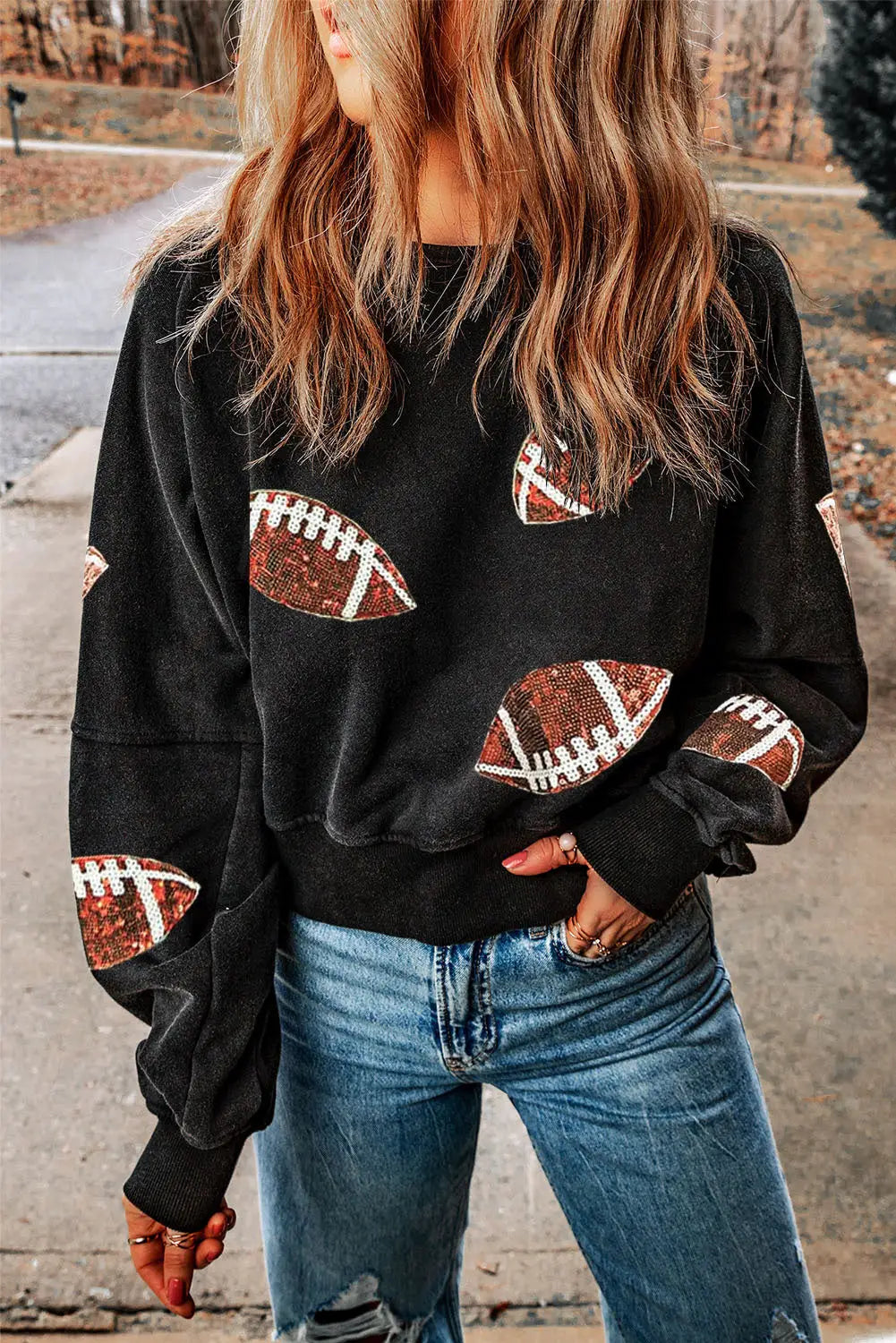 Black sequin fringed rugby casual sweatshirt - black1 / 2xl / 70% polyester + 30% cotton - graphic