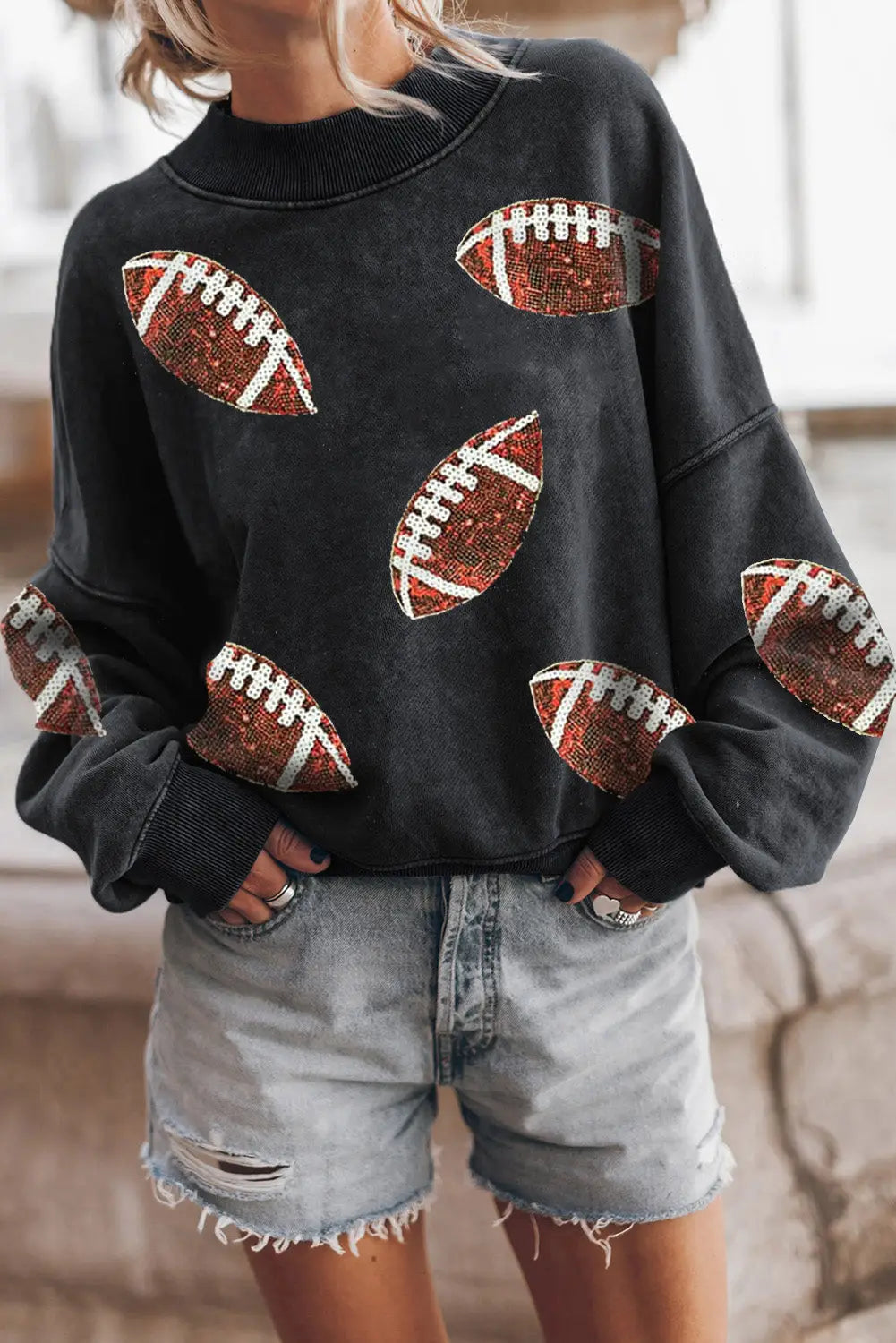 Black sequin fringed rugby casual sweatshirt - black2 / 2xl / 70% polyester + 30% cotton - graphic