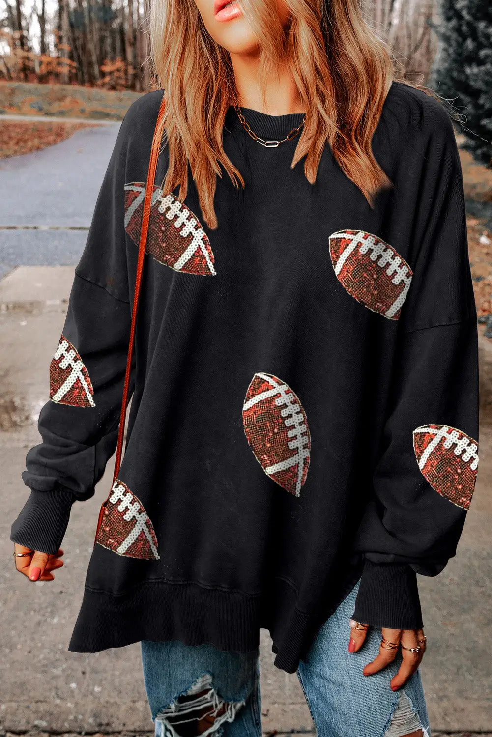 Black sequin fringed rugby casual sweatshirt - black3 / 2xl / 70% polyester + 30% cotton - graphic