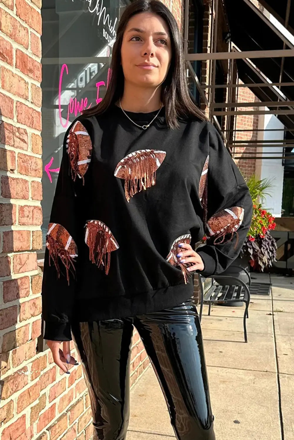 Black sequin fringed rugby casual sweatshirt - graphic