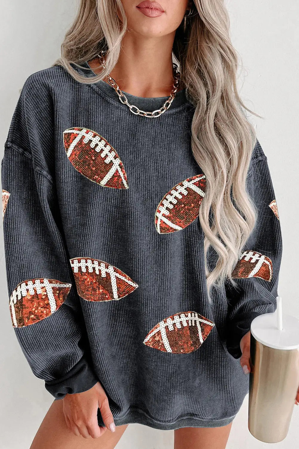 Black sequin fringed rugby casual sweatshirt - gray / 2xl / 70% polyester + 30% cotton - graphic