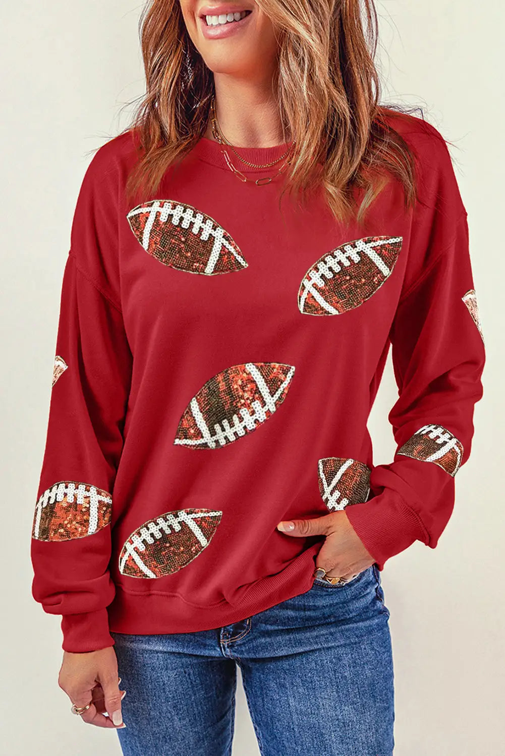 Black sequin fringed rugby casual sweatshirt - red-2 / 2xl / 70% polyester + 30% cotton - graphic