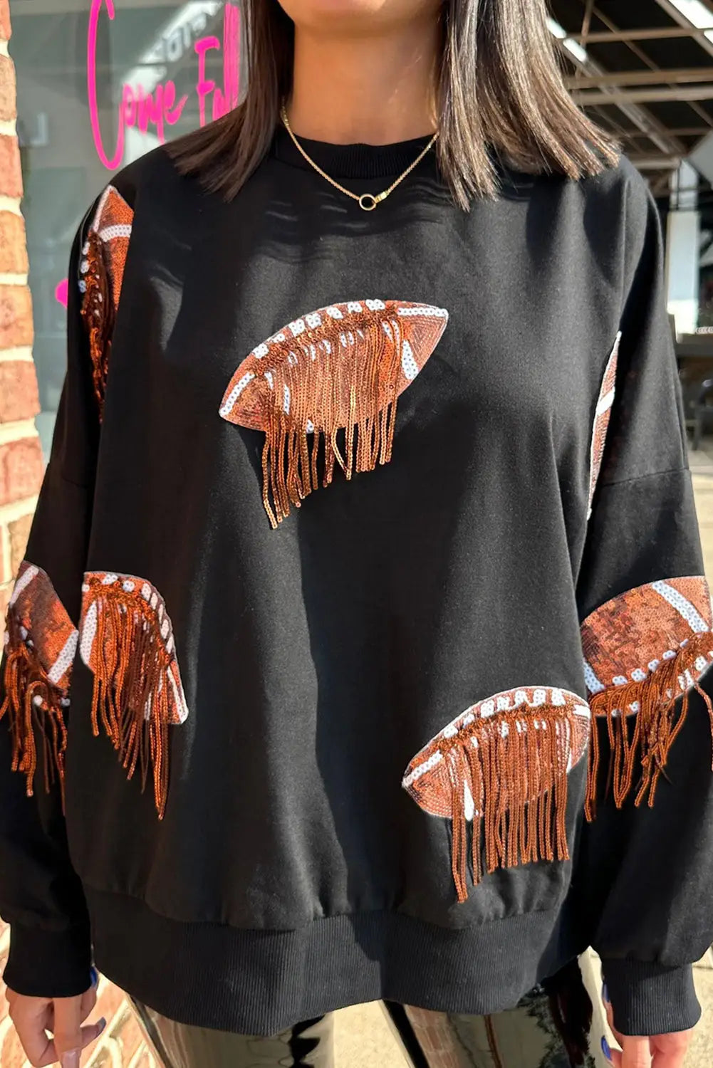 Black sequin fringed rugby casual sweatshirt - s /
