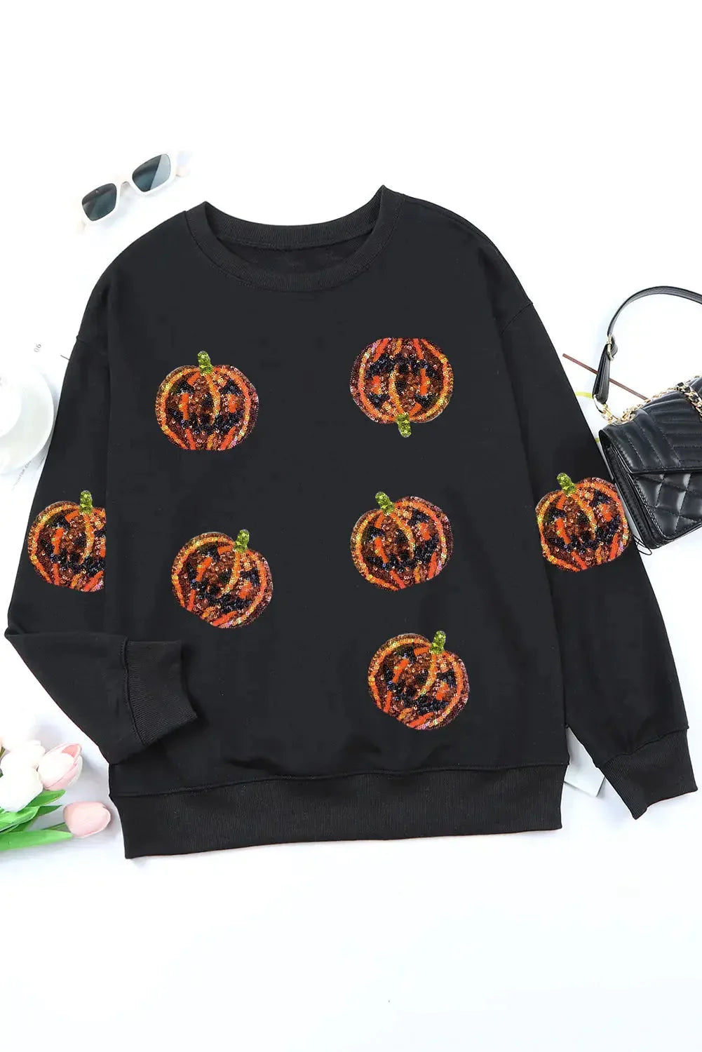 Black sequin halloween pumpkin graphic pullover sweatshirt - sweatshirts