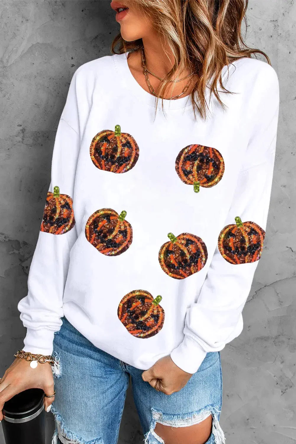 Black sequin halloween pumpkin graphic pullover sweatshirt - sweatshirts