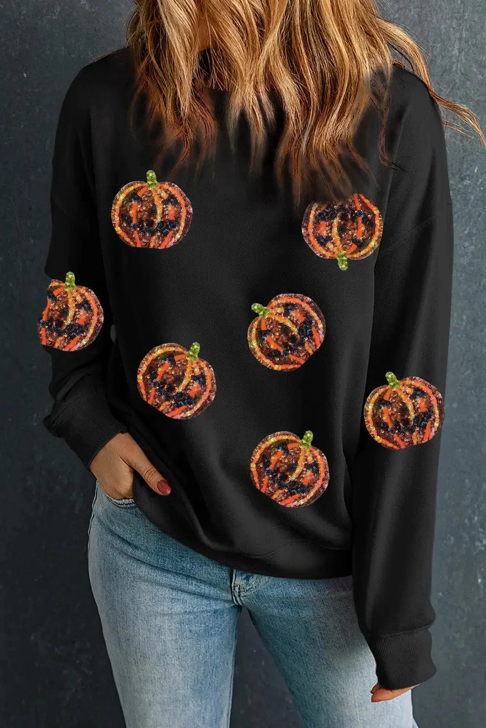 Black sequin halloween pumpkin graphic pullover sweatshirt - s / 70% polyester + 30% cotton - sweatshirts