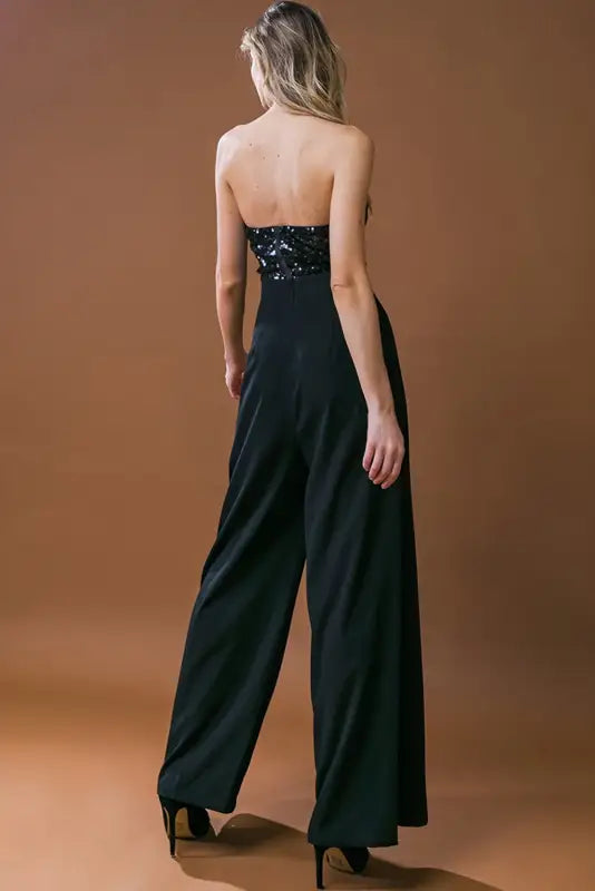 Black sequin tube top wide leg jumpsuit - jumpsuits & rompers