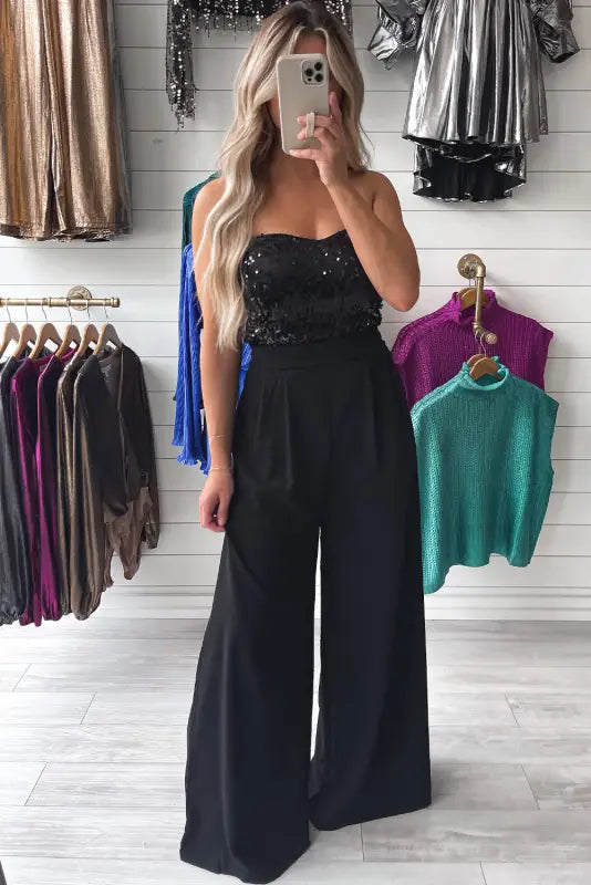 Black sequin tube top wide leg jumpsuit - jumpsuits & rompers