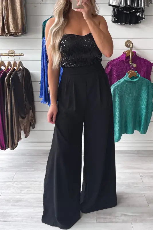 Black sequin tube top wide leg jumpsuit - l / 100% polyester - jumpsuits & rompers