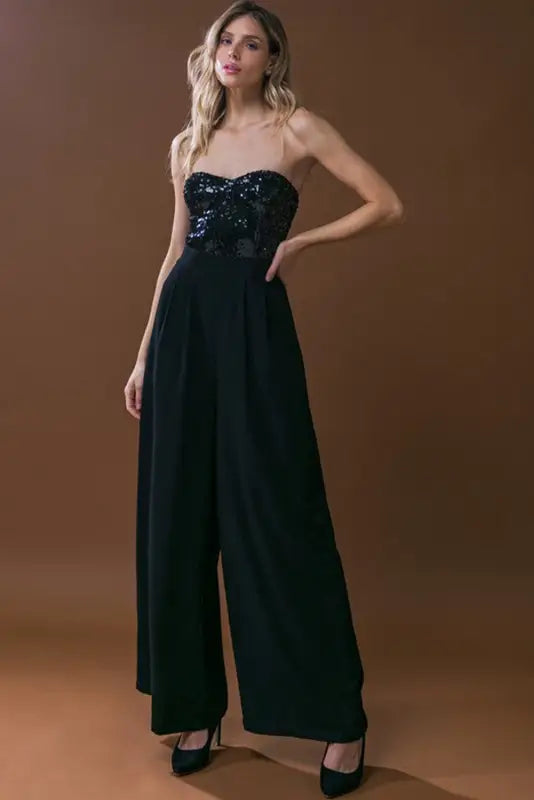 Black sequin tube top wide leg jumpsuit - jumpsuits & rompers