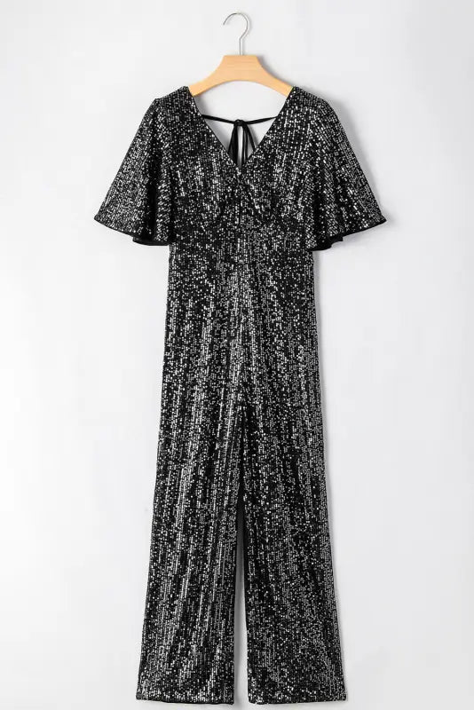 Shop black sequin jumpsuit | wide leg & flutter sleeves