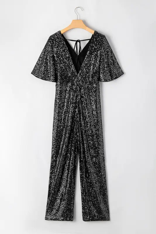 Shop black sequin jumpsuit | wide leg & flutter sleeves