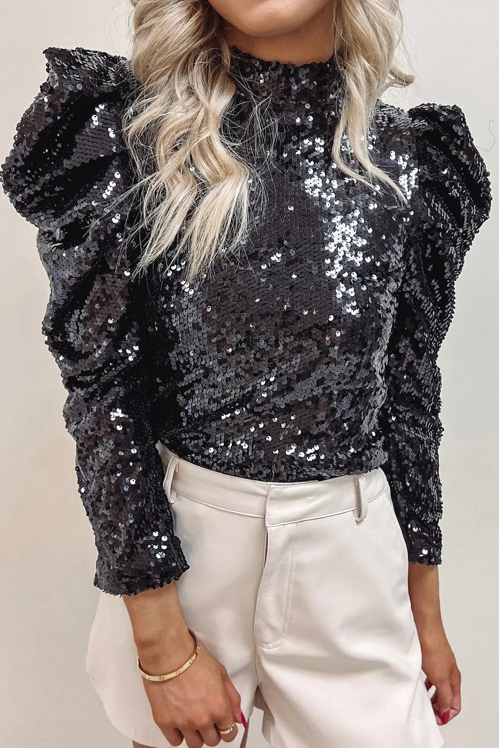 Black sequin mock neck bubble sleeve top - long tops
