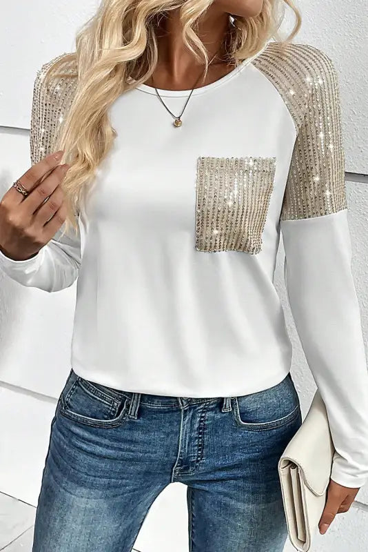 Black sequin patch chest pocket raglan sleeve top - long tops