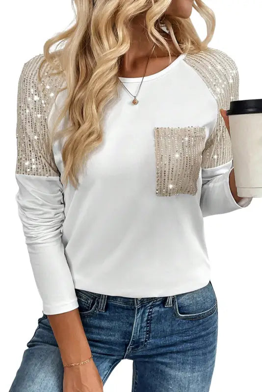 Black sequin patch chest pocket raglan sleeve top - long tops