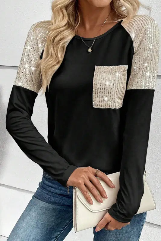 Black sequin patch chest pocket raglan sleeve top - long tops