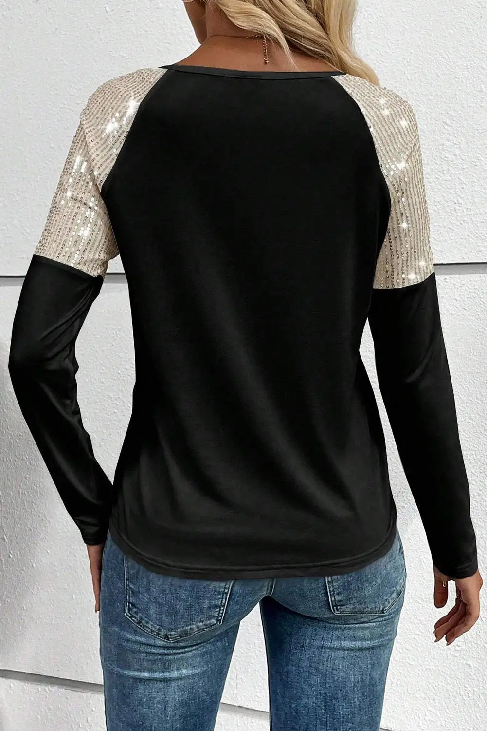 Black sequin patch chest pocket raglan sleeve top - tops