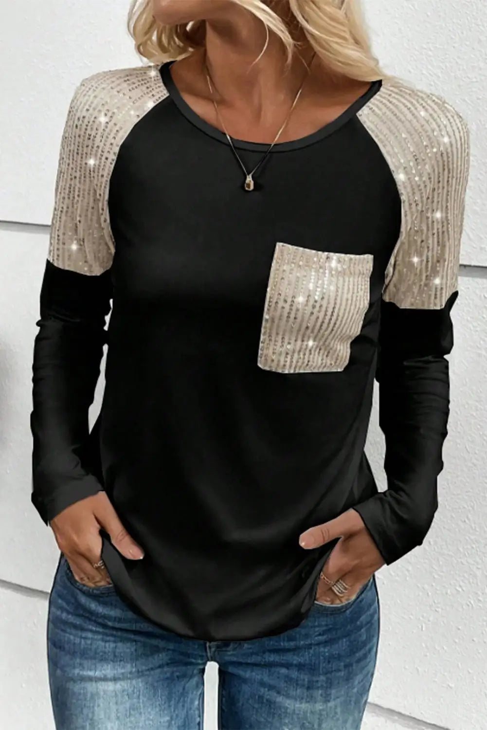 Black sequin patch chest pocket raglan sleeve top - long tops