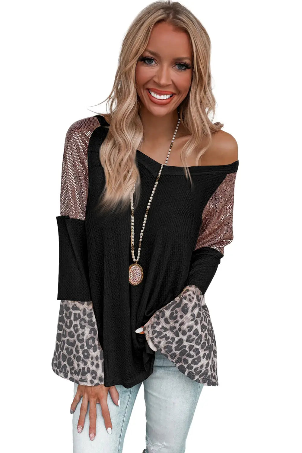Black sequin patchwork bell sleeve v neck tunic top - tops