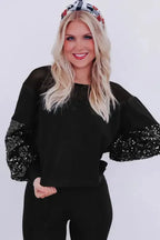 Black Sequin Patchwork Lantern Sleeve Blouse - Fashionfitz