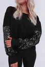 Elegant Black Sequin Lantern Sleeve Blouse with sheer neckline and shimmering patchwork sleeves, ideal for evening wear or fall outings.