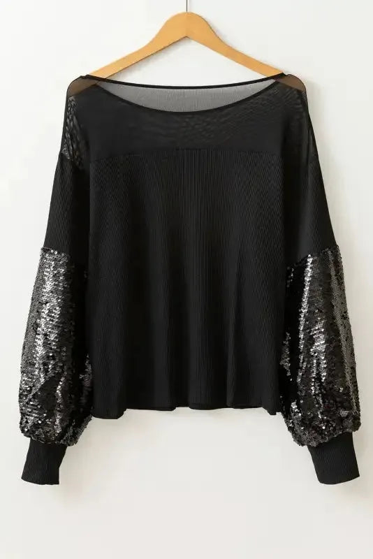 Black Sequin Patchwork Lantern Sleeve Blouse - Fashionfitz